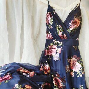 Navy Floral Metallic A-Line Evening Dress - Size 3/4, Worn Once